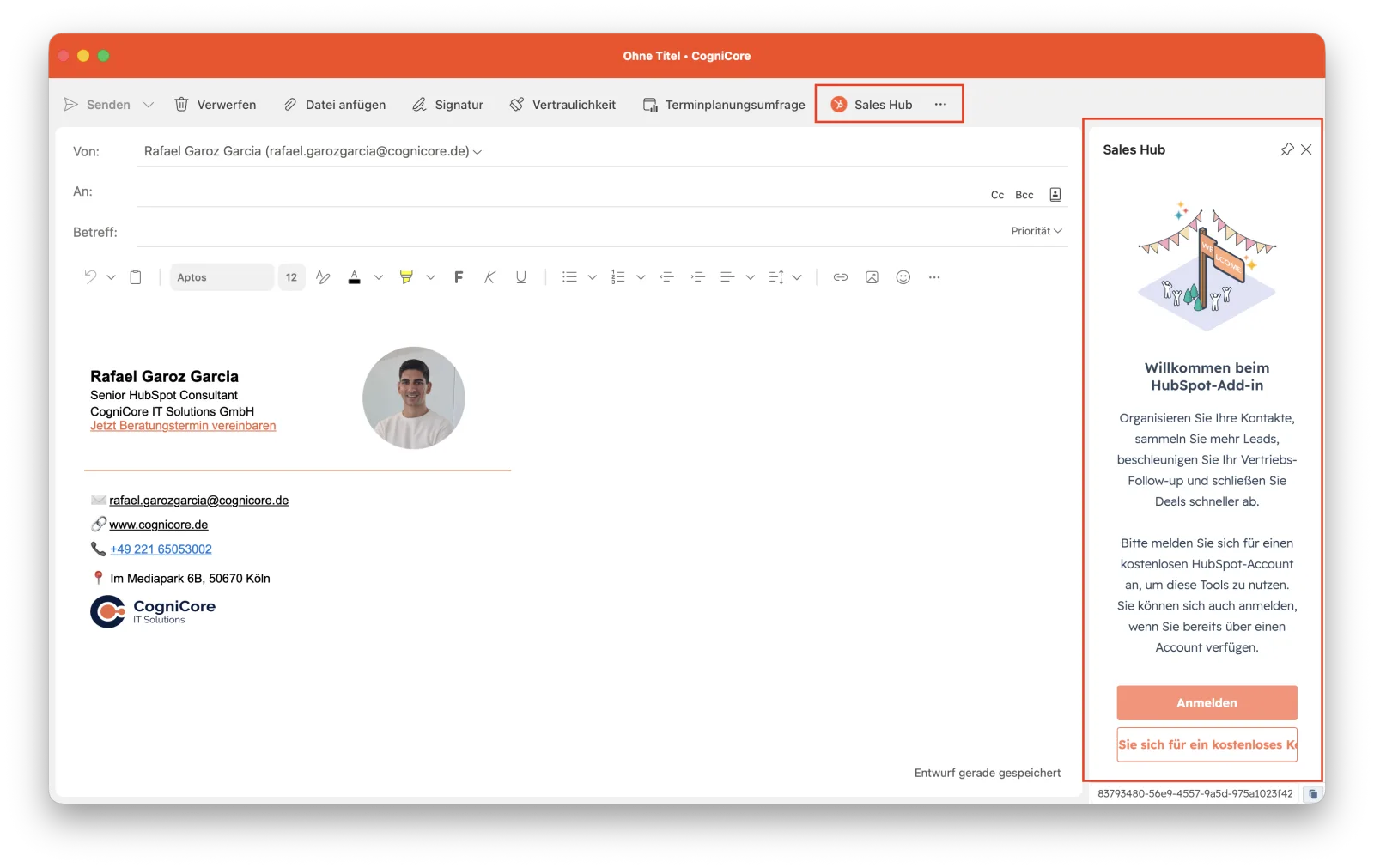 Sales-Add-in in Outlook: Willkommensbildschirm mit Anmelden-Button